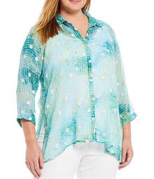 Plus Size Abstract Texture Woven Tie Dye Embroidered Details Button Down 3/4 Sleeve Hi-Low Tunic