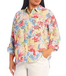 Plus Size Olivia Long Sleeve Roll-Tab Button-Front Floral Print Utility Blouse