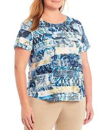 Plus Size Paisley Patchwork Print Embellished Front Detail Crew Neck Short Sleeve Top