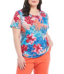 Plus Size Calypso Tropical Print Embellished Front Detail Crew Neck Short Sleeve Top