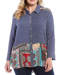 Plus Size Stripe Patchwork Print Button Down Roll-Tab Sleeve Tunic