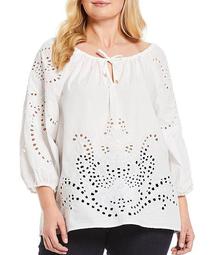 Plus Size Embroidered Eyelet Cotton Broadcloth Tie Neck Puffed 3/4 Sleeves Top