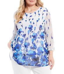 Plus Size 3/4 Sleeve Floral Printed Mesh Tunic