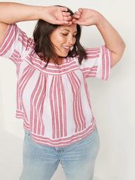Oversized Striped Linen-Blend Plus-Size Short-Sleeve Blouse