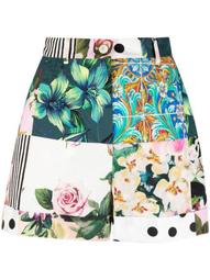 patchwork print high-waisted shorts