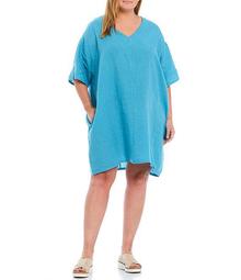 Plus Size Keagan Light Linen Short Sleeve V-Neck Pocket Dress
