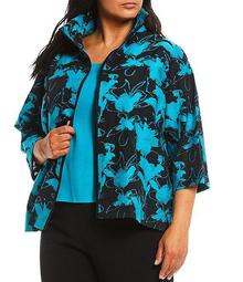 Plus Size 3/4 Sleeve Puff Collar Floral Jacket