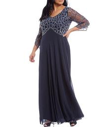 Plus Size 3/4 Sleeve V-Neck Beaded Gown