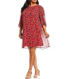 Plus Size 3/4 Sleeve Floral Trapeze Dress