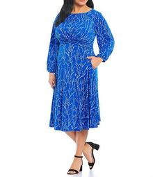 Plus Size 3/4 Balloon Sleeve Puff Printed Twist Front Fit & Flare Midi Dress