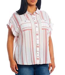 Plus Size Patriotic Stripe Button Up Short Sleeve Camp Shirt