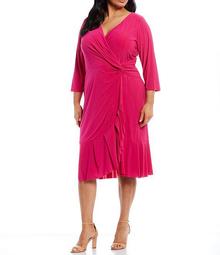 Plus Size 3/4 Sleeve Cascade Ruffle Faux Wrap Dress
