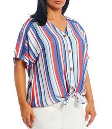 Plus Size Americana Stripe Short Sleeve Tie Front Shirt
