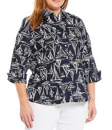 Plus Size Navy Sail Boats Design 3/4 Sleeve Button Front Top