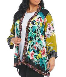 Plus Size Embroidered Collar Crepe Floral Printed Kimono Jacket