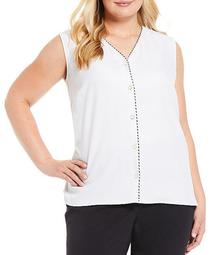 Plus Size V-Neck Contrast Trim Button Front Sleeveless Top