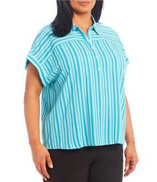 Plus Size Short Sleeve Stripe Collared Popover Top