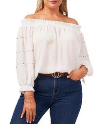 Plus Size Long Sleeve Off-the-Shoulder Embroidered Blouse