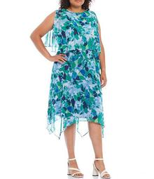 Plus Size Popover Boat Neck Sleeveless Watercolor Floral Dress