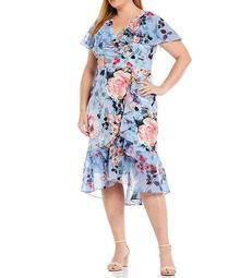 Plus Size V-Neck Flutter Short Sleeve Floral Faux Wrap Ruffle Dress