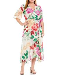 Plus Size Surplice V-Neck Balloon Sleeve Floral Wrap Maxi Dress