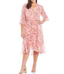Plus Size Ditsy Floral Ruffle Faux Wrap 3/4 Sleeve Dress