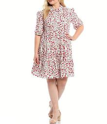 Plus Size Short Sleeve Babydoll Ditzy Floral Tiered Shirtdress