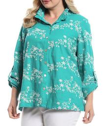 Plus Size Floral Embroidery Wire Collar Roll-Tab Sleeve Button Down Blouse