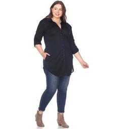 Women's Plus Size Stretchy Button-Down Tunic with Pockets - White Mark
