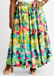Belted Abstract Flared Maxi Skirt