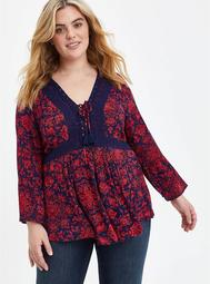 Lace-Up Babydoll Top - Crinkle Gauze Floral Red & Navy
