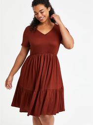 Tiered Babydoll Mini Dress - Ribbed Brown