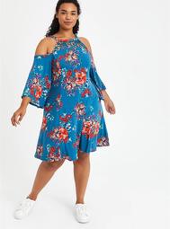 Cold Shoulder Fit & Flare Dress - Super Soft Floral Blue
