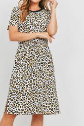 Solid-Neck-Band-Leopard-Pleated-Waist-Dress