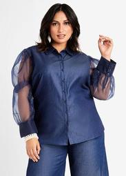 Sheer Sleeve Chambray Button Up