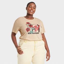 Women's MTV Floral Print Short Sleeve Graphic T-Shirt - Taupe
