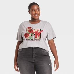 Women's MTV Floral Print Short Sleeve Graphic T-Shirt - Gray