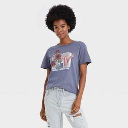 Women's MTV Floral Print Short Sleeve Graphic T-Shirt - Navy