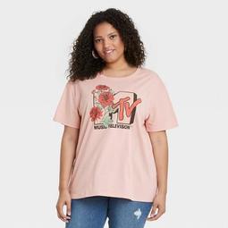 Women's MTV Floral Print Short Sleeve Graphic T-Shirt - Pink