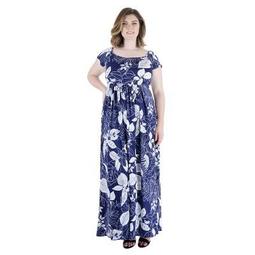 24seven Comfort Apparel Women's Plus Navy Print Pleated Maxi Dress