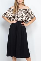 Leopard-Off-Shoulder-Solid-Hem-Midi-Dress