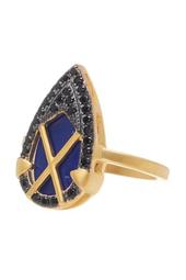 14K Gold Plated Sterling Silver CZ Crisscross Lapis Shield Ring - Size 9