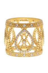 14K Gold Plated Sterling Silver Open CZ Pave Filigree Ring - Size 8
