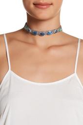 Crystal Pave & Prong Set Faceted Stone Mesh Chain Ribbon Wrapped Choker