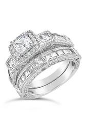 Sterling Silver CZ Vintage Engraved Ring & Band