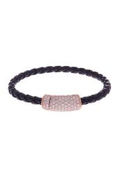 Rose Gold Plated Sterling Silver CZ Braided Black Leather Bracelet