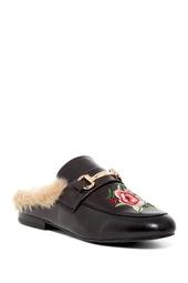 Jill Embroidered Faux Fur Trim Leather Mule