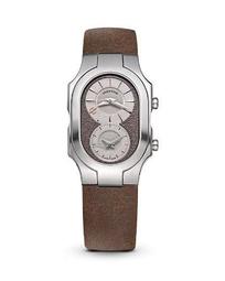 Signature Beige Chronograph Stainless Steel Watch with Brown Calf Strap, 32mm