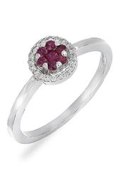 18K White Gold Ruby & Diamond Flower Stackable Ring - 0.07 ctw