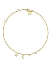 14K White and Yellow Gold Diamond Moon and Star Ankle Bracelet